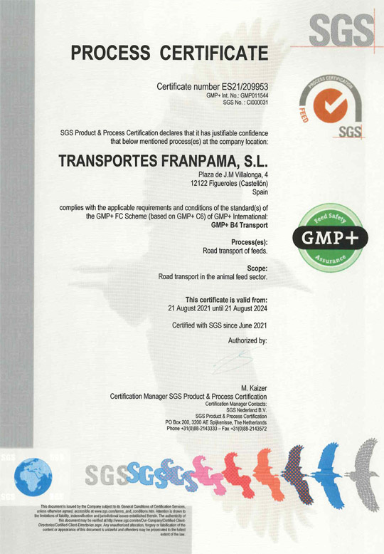 Certificate GMP TRANSPORTES FRANPAMA Villafamés