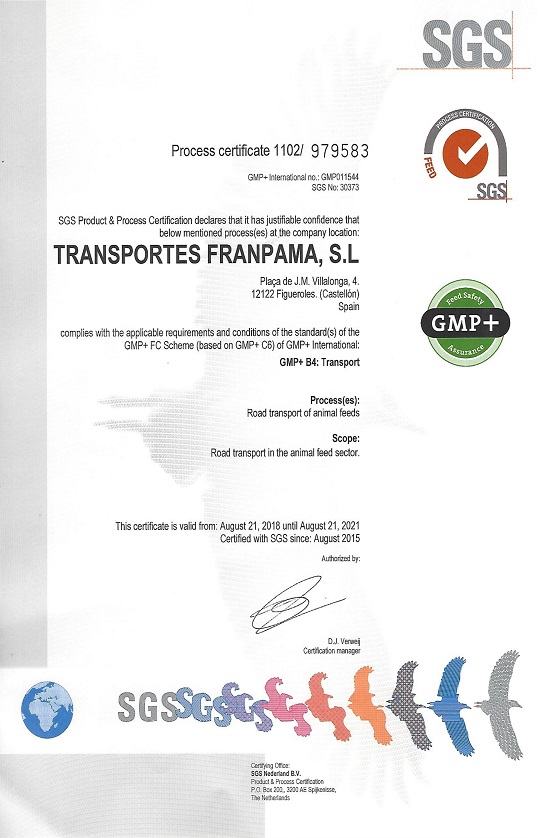 Certificate GMP TRANSPORTES FRANPAMA Villafamés